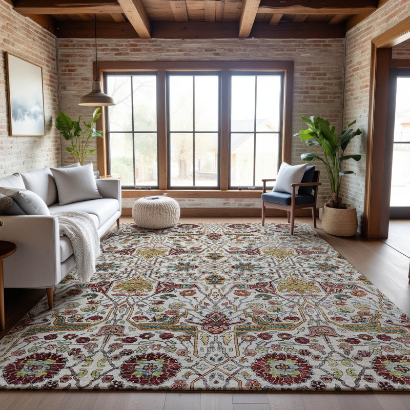 Premium Machine Washable Ducote AMF1132 Global Rug, Rectangle 10' x 14'