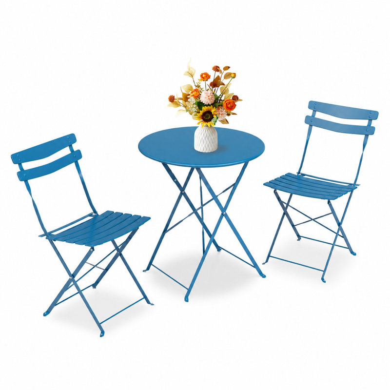 No-Assembly Folding Patio Bistro Set for 2, 3-Piece Steel Table & 2 Chairs - Space-Saving - Powder-Coated Mark & Rust-Resistant - Solid Steel Top - Balcony/Porch/Garden