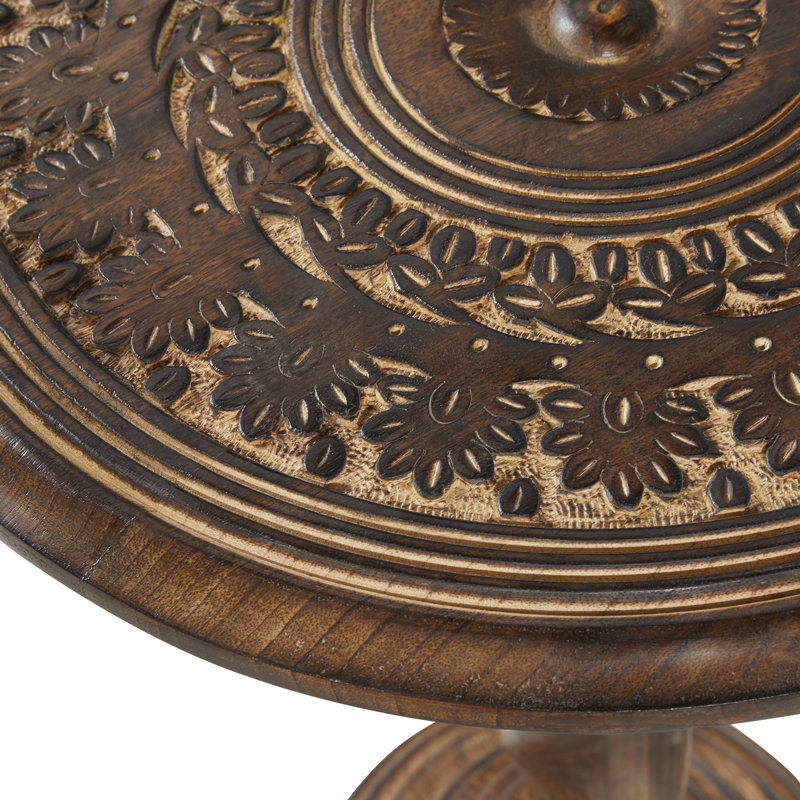 Brown Mango Wood Handmade Intricately Carved Floral Side End Accent Table with Spiral Leg and Elevate Base
