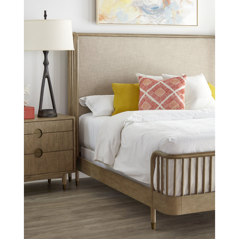 Beige Upholstered Queen Shelter Bed with Wood Frame