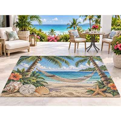 5' x 7' Outdoor Area Rug Tropical Beach Hammock Heavyweight Solid Waterproof PVC Coil Loop Carpet, Heavy Duty Patio Rug, Quick Dry Indoor Outdoor Mat for Entryway