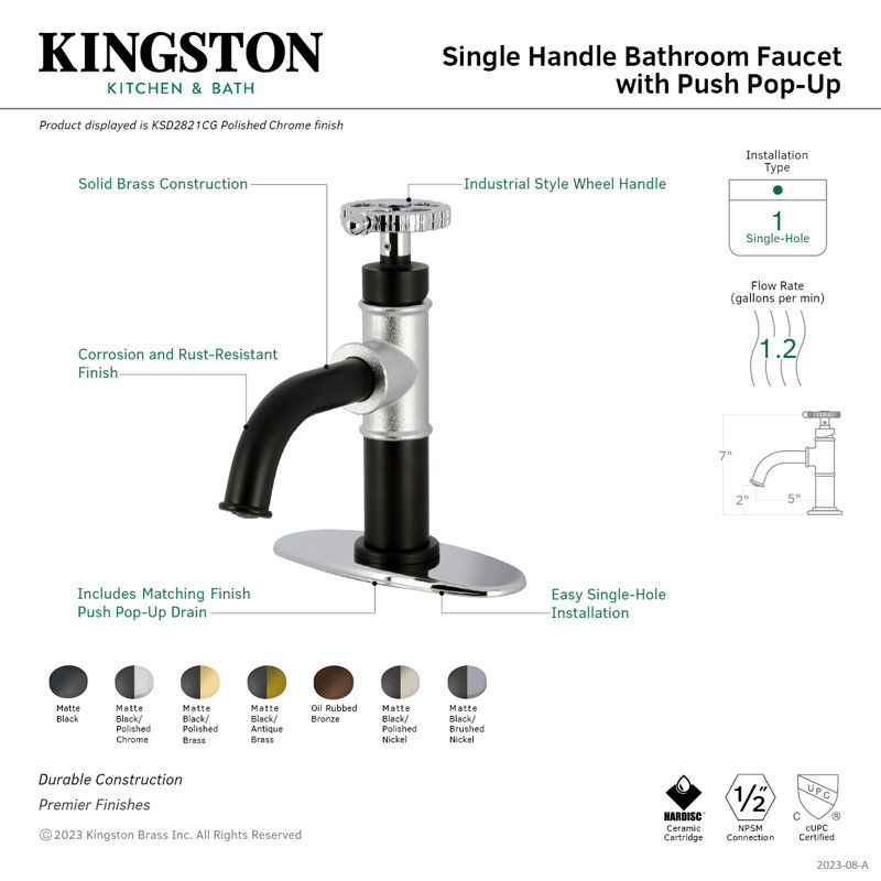 Kingston Brass Fuller Single-Handle 1-Hole Deck Mount Bathroom Faucet with Push Pop-Up and Deck Plate, Matte Black