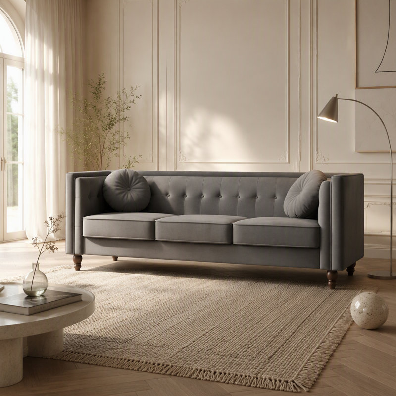 Canapé classique avec revêtement en velours froissé, Grey Velvet