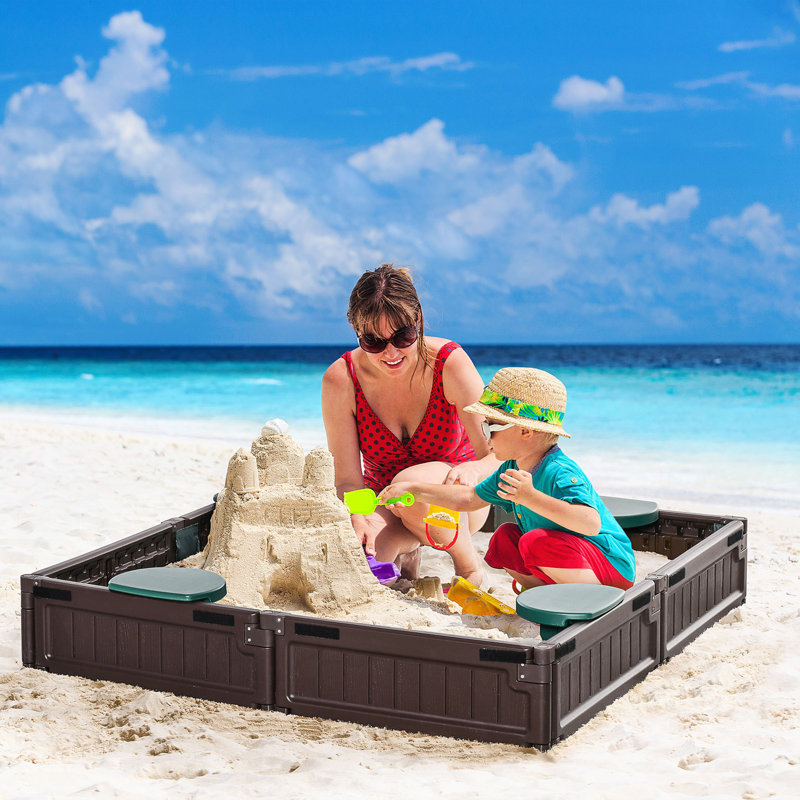 Bac à sable pour enfants avec lit de jardin pour l'extérieur, station de jeu pour enfants facile à assembler pour la cour, brun, 48,5 po x 48,5 po x 8,25 po