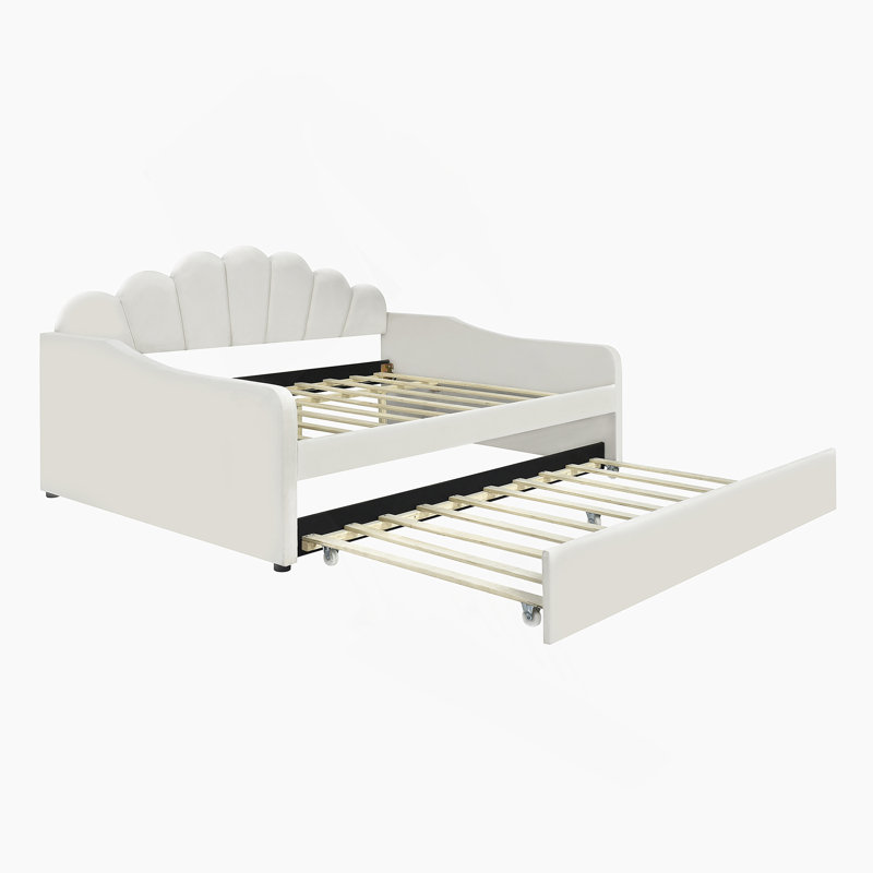 Structure de lit de jour double rembourrée avec dossier de forme basse et lit d'invité gigogne, Blanc