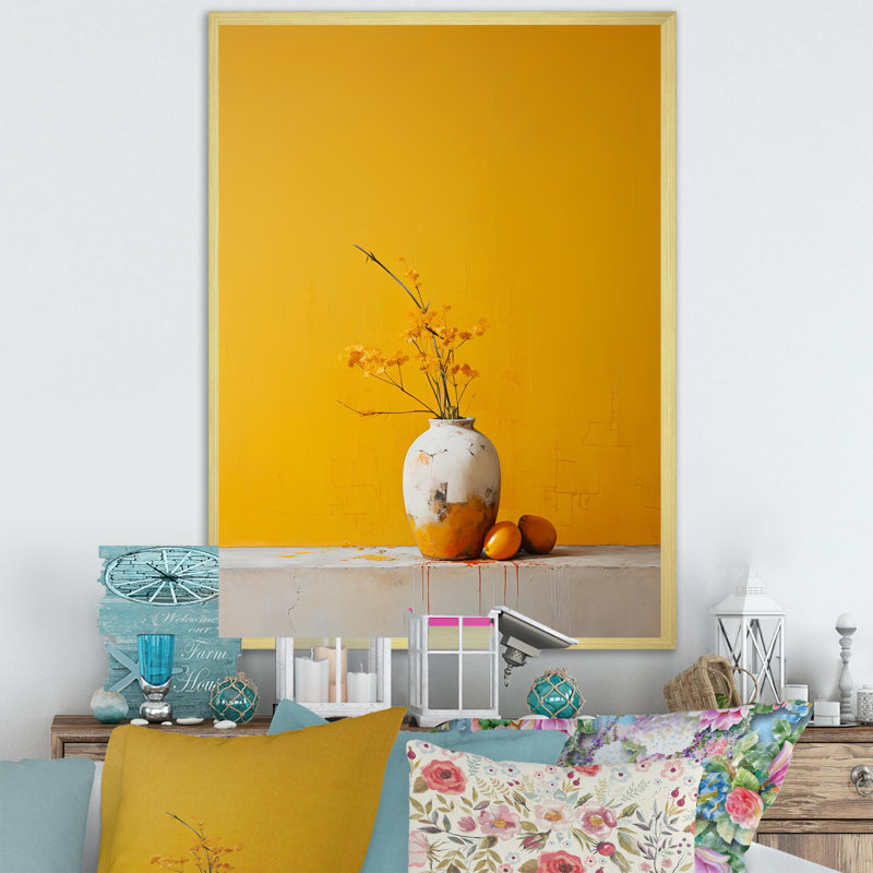 Minimalisme jaune blanc sur fond blanc, Cadre doré simple, H 32 po x l 24 po x P 1 po