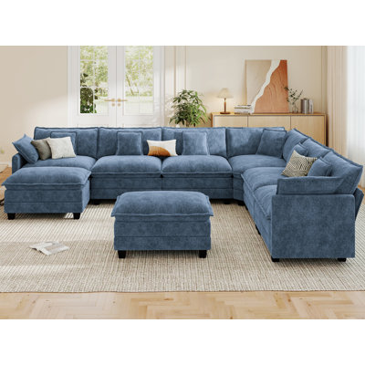 Esai 150.4" Modern 8 Seat Chenille U Shaped Cloud Modular Sectional Sofa With Two Ottomans