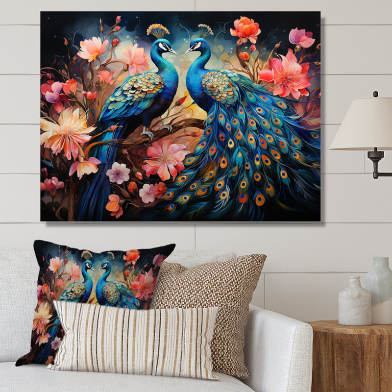 «Blue Coral Indian Art Dancing Peac II» - Art mural indien, Toile tendue, H 30 po x l 40 po x P 1,5 po
