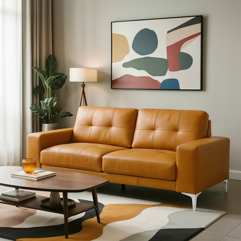 Korbin 78.9" Genuine Leather Square Arm 3-Seater Sofa with Tufted Back, Orange