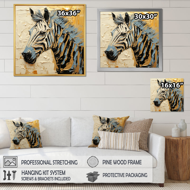 Zèbre noire et jaune sur toile, H 16 po x l 16 po x P 1 po