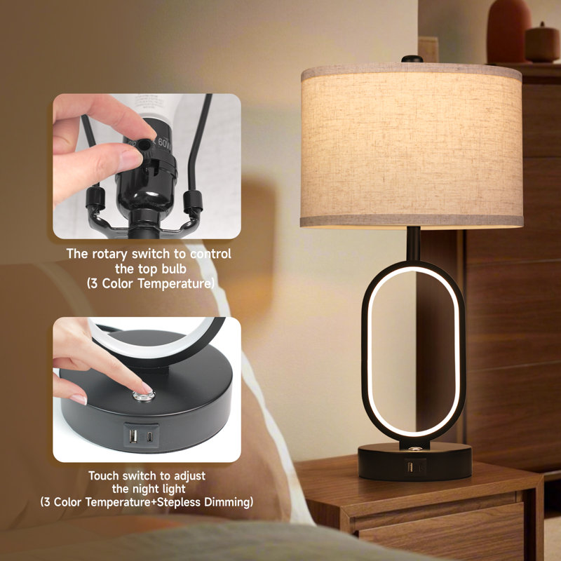 Bedroom Lamps Set of 2, Built-In Dimmable Night Light Bedside Lamps Table Lamps for Night Stands with USB Charging Ports, LED Bulbs Included