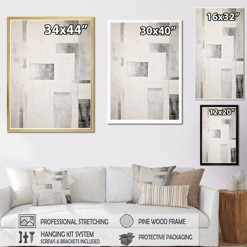 «Grey White Platinum Parallels I» - Formes abstraites, impressions sur toile, Cadre simple noir, H 20 po x l 12 po x P 1 po