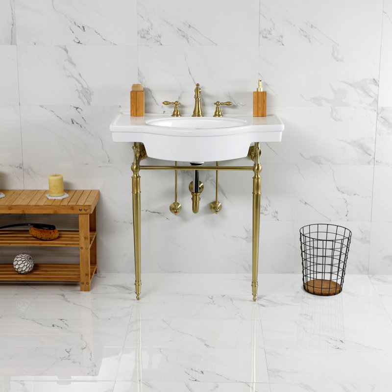 Edwardian Porcelain Square Console Bathroom Sink with Overflow, Brushed Brass