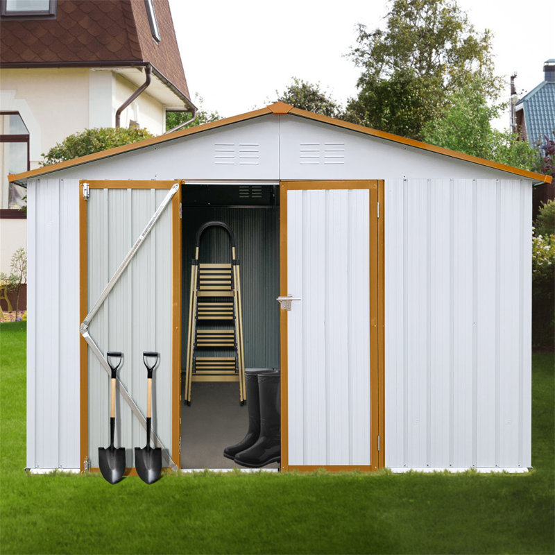 Remises de jardin en métal 10 pi x 12 pi - blanc et jaune, 79.9" H x 147.6" W x 121.2" D, Blanc