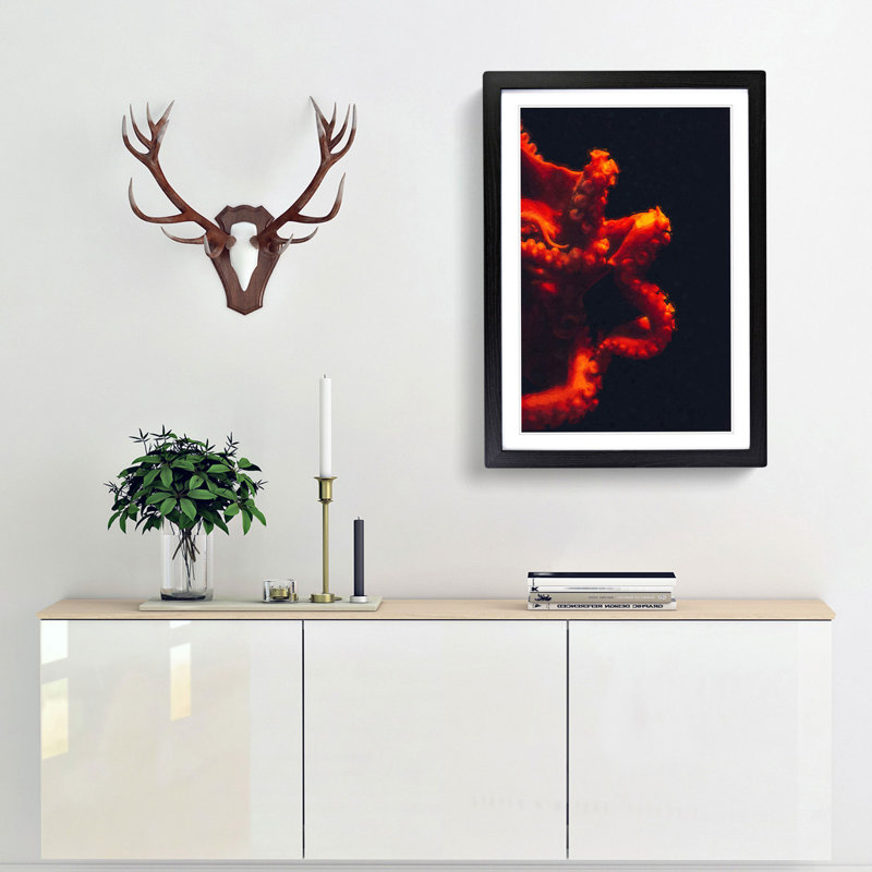 Red Octopus - Picture Frame Graphic Art Print, 87cm H x 62cm W x 2cm D, Black Framed