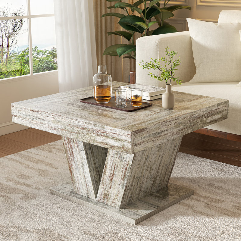 31.5" Square Rustic Coffee Table with Natural Wood Grain: A Perfect Blend of Style and Stability, White