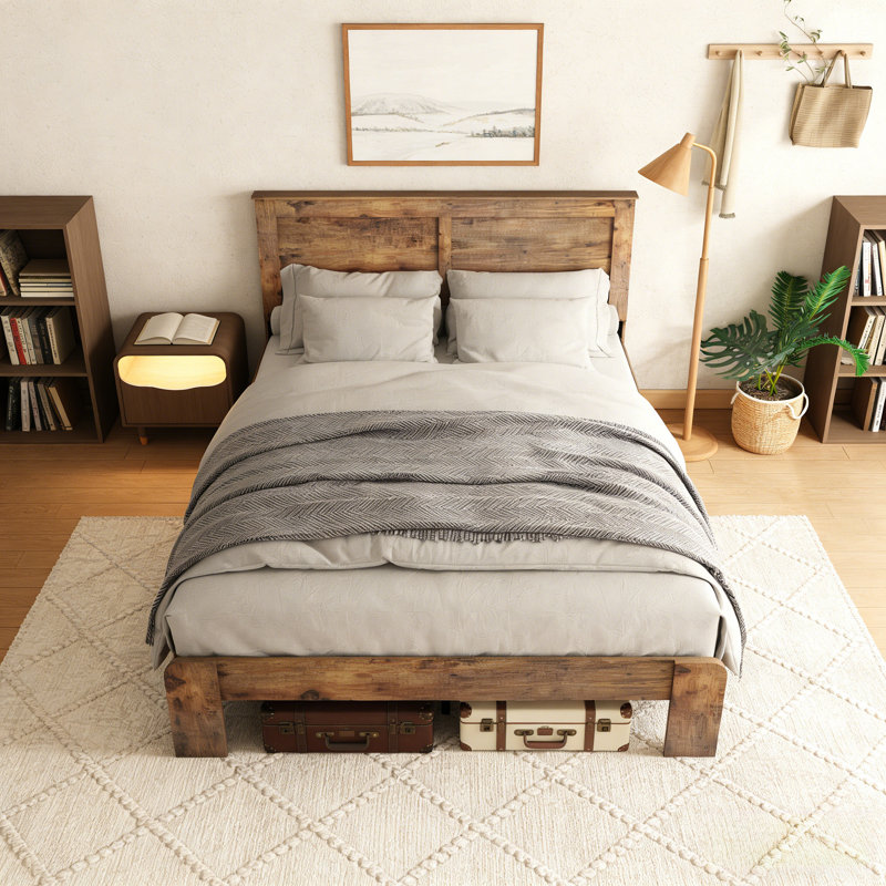 Structure de lit plateforme en bois, grand rangement sous le lit, Très grand lit, Marron foncé