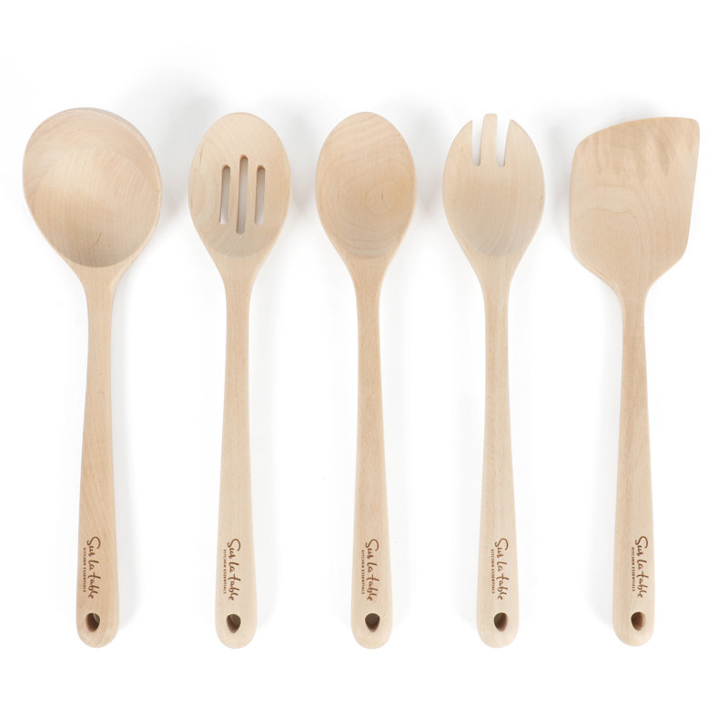 Golden Brown Beech Wood 5-Piece Cooking Utensil Set