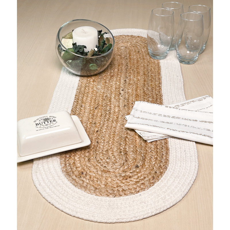 VERONA JUTE BORDER ROUND TABLE RUNNER, Natural/Ivory
