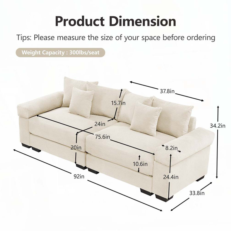 Canapé modulaire surdimensionné Cloud, Beige, H 34,2 po x l 82,6 po x P 33,8 po, 2