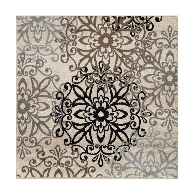 Magnuss Round Tan Gray And Black Round Floral Medallion Stain Resistant Area Rug, Square 5'
