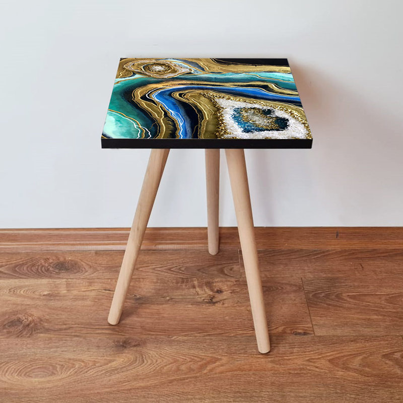 Table d'appoint abstraite en marbre, 100% panneau de fibres à densité moyenne avec pieds en bois de hêtre, 13,8 x 16,5 x 13,8 pouces | Conception durable et élégante | Parfait pour le salon, la chambre à coucher ou le bureau | Mobilier moderne