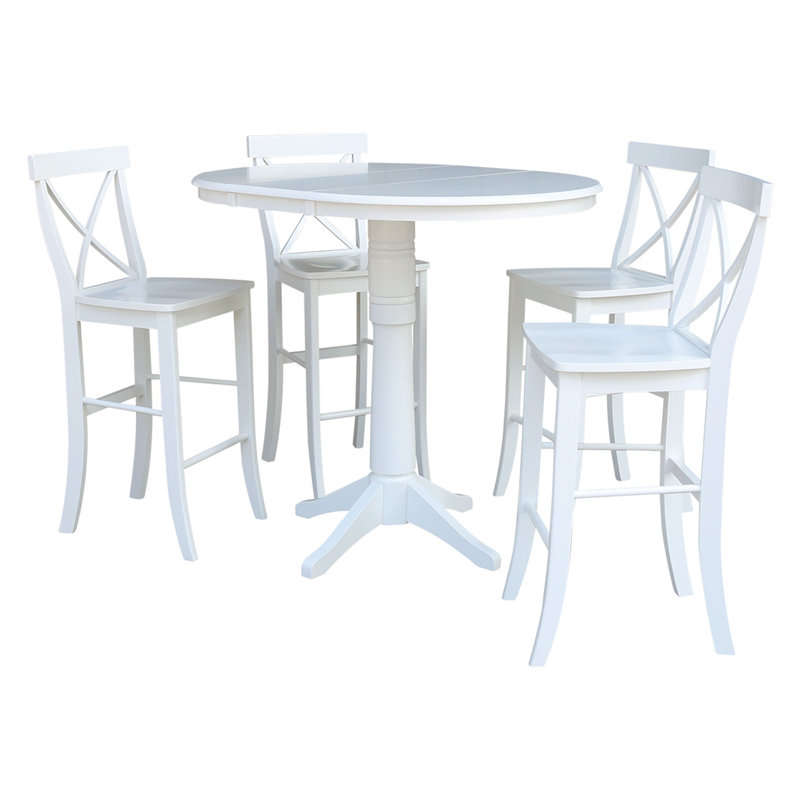 36" Round Extension Bar Height Dining Set With Matching Cross Back Bar Height Stools, 5 Piece, White