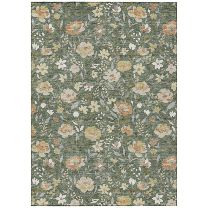 Machine Washable Indoor/Outdoor Chantille ACN2438 Floral Rug, 5' x 7'6", Basil