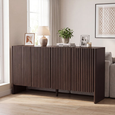 55" Wide Dark Walnut 4-Door Accent Cabinet With Grooved Detailing