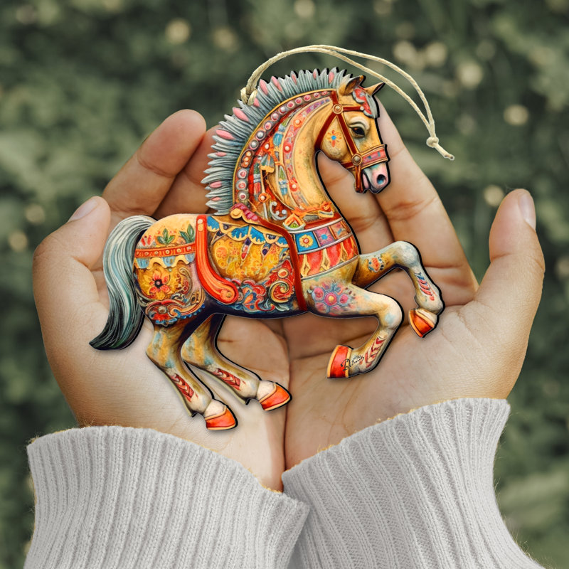 Handcrafted Multicolor Birch Wood Horse Ornaments Set