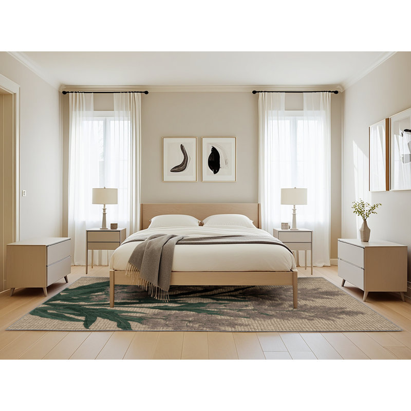 Tapis gris botanique lavable à la machine, Rectangle 5 pi x 8 pi