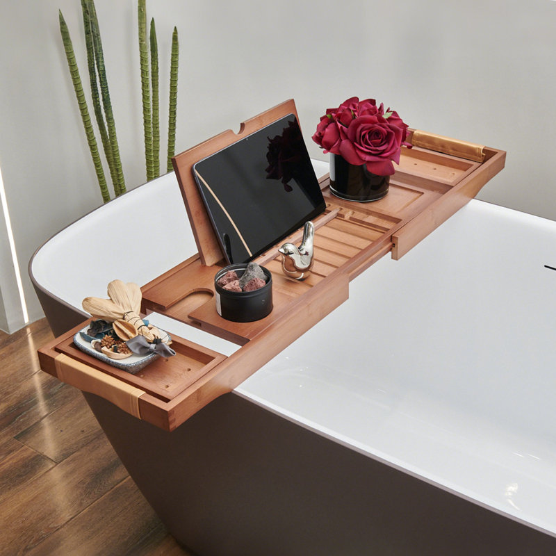 Plateau de baignoire en bambou noyer avec poignées en cuir