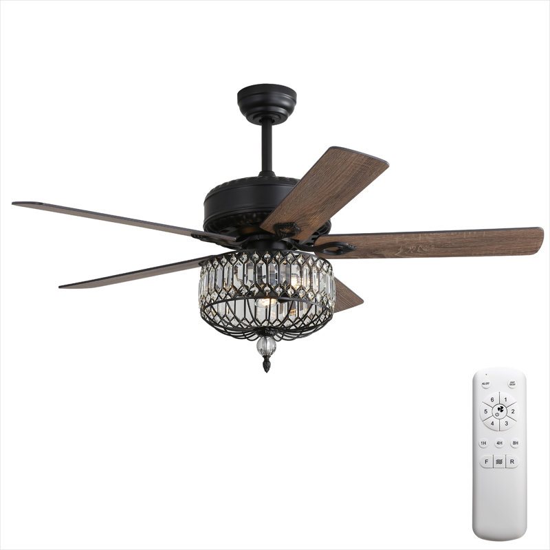 Ventilateur de plafond moderne en cristal avec moteur à courant continu et 5 pales en contreplaqué, noir élégant de 52 po