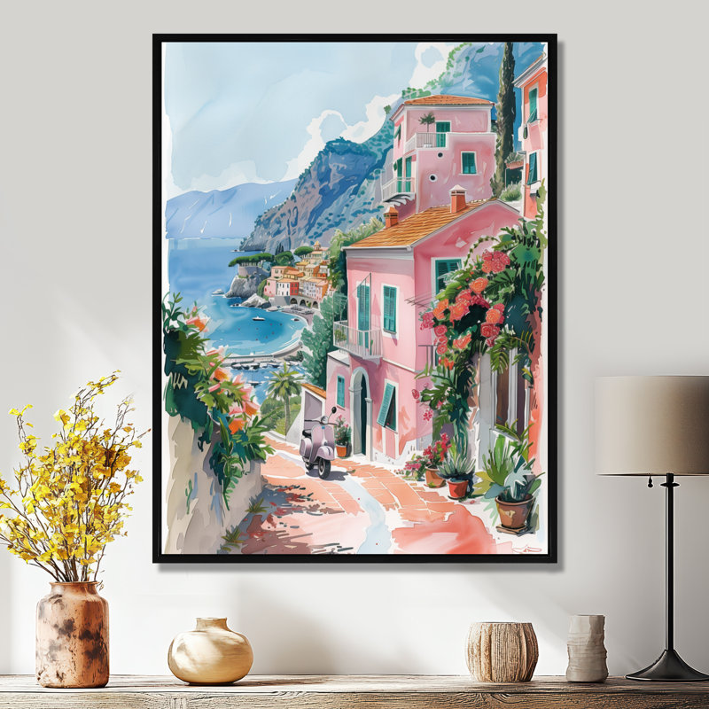 Impression d'art mural «Pink Coastal Village Italy III - Italy», Cadre flottant noir, H 12 po x l 20 po