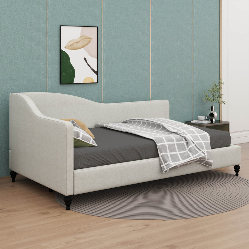 Lit de jour chic en L en forme de L sur pieds en bois massif, Beige, Lit simple