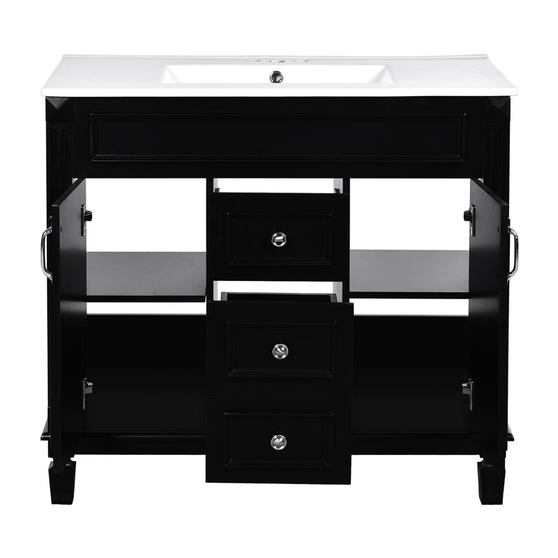 Meuble-lavabo de salle de bain 36 po, armoire à miroir noire, 2 portes et tiroirs, rangement sophistiqué avec lavabo supérieur, style tendance