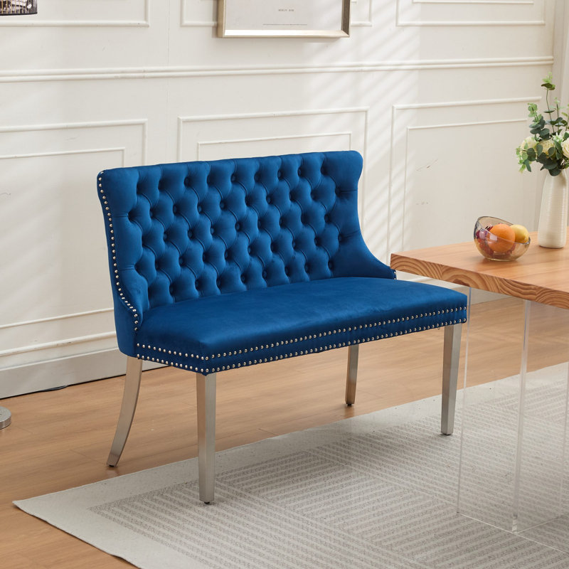 Banc capitonné à 2 places avec pieds, Bleu, Bleu, Argent