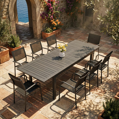 Ensemble de chaises de salle à manger empilables en métal et en aluminium 9 pièces avec table rectangulaire extensible 