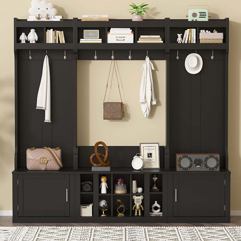 Wide Design Hall Tree with Storage and Bench, 4-IN-1 Multi-functional Entryway Bench with Coat Rack and Shoe Cubbies, Practical Furniture for Hallway