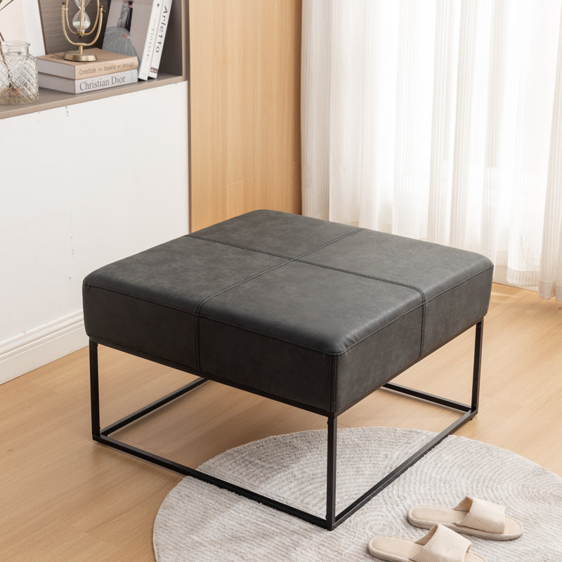 Cattibrie Leather Upholstered Square Ottoman, Black Faux Leather