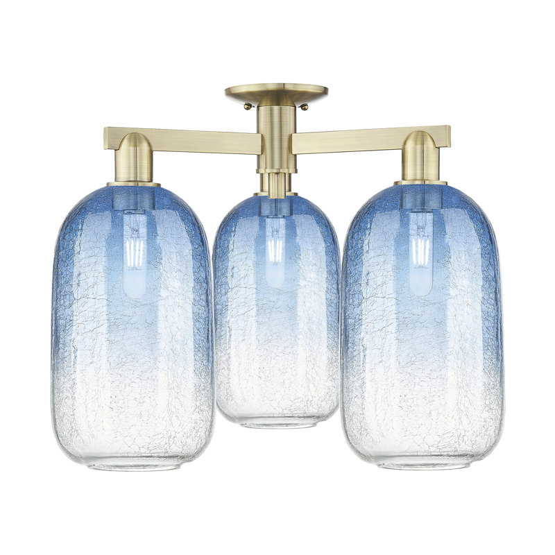 Plafonnier semi-encastré 3 lumières Brookhaven Cloche, Bleu saphir, Laiton antique