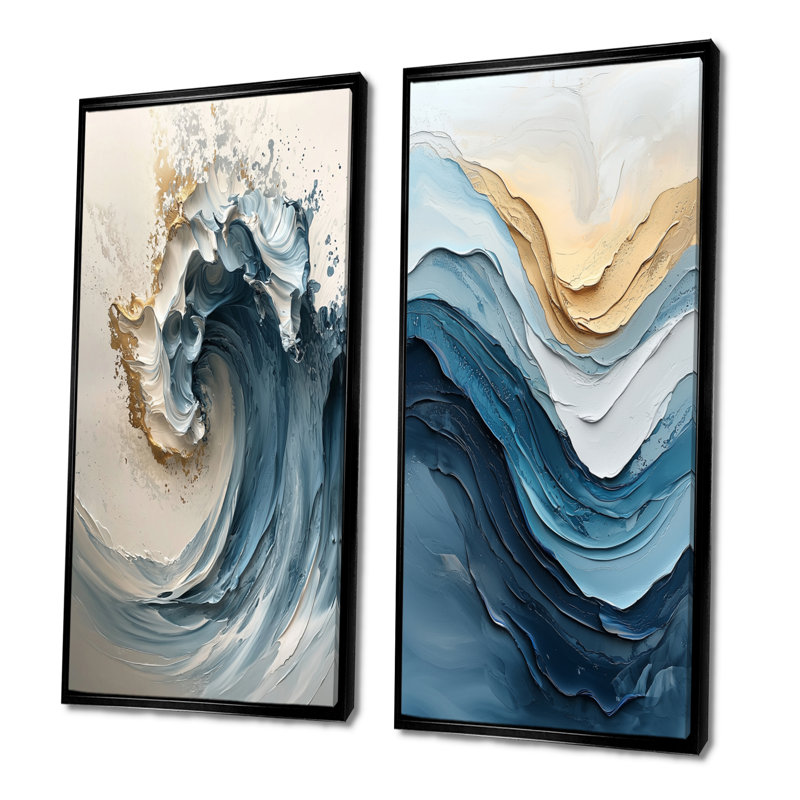 Ensemble de 2 pièces d'art mural marbré blanc et bleu - vagues côtières, H 40 po x l 40 po, Impression encadrée