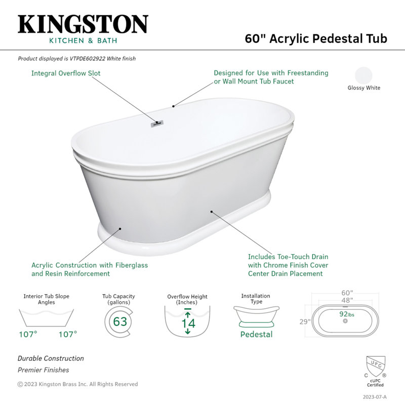 Baignoire piédestal en acrylique à double extrémité 60 "avec drain (pas de robinets) Kingston Brass Aqua Eden
