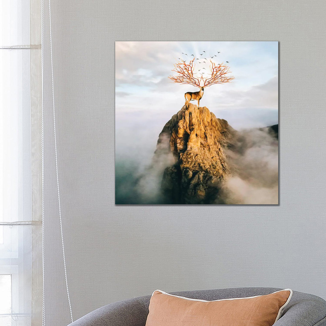 A Deer With Golden Antlers On Top Of A Mountain von Ievgeniia Bidiuk - Gallery-Wrapped Canvas Giclée on Canvas