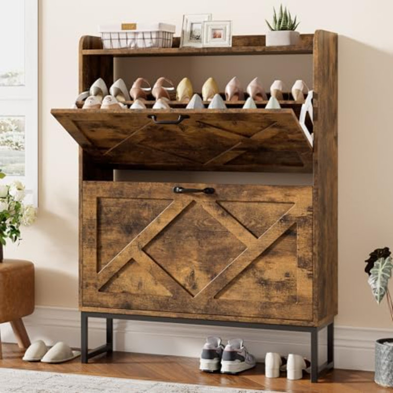 Shoe Cabinet Organizer With 2 Flip Drawers, Freestanding Narrow Rack With Metal Legs, Farmhouse Slim Shoe Storage For Entryway, Foyer, Hallway, Rustic Brown