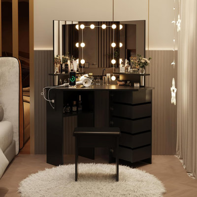 Corner Makeup Vanity with Lights - Adjustable LED Mirror, 5 Rotating Drawers & Power Outlet, Includes Stool by Ebern Designs