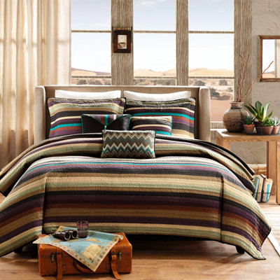 Microfiber Quilt , Full, Reversible With Zig Zag Pillows, Purple Teal Earth Tones Striping Full Size Reversible, Microfiber, Intriguing And Stripe Combinations In Purple, Teal, Tones,