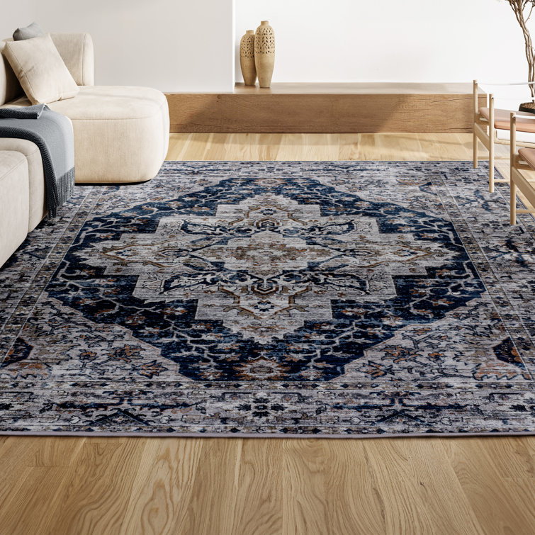 Sarok Boho Medallion Machine-Washable Navy/Light Gray Rug