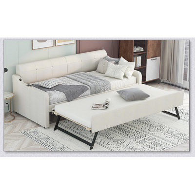 Upholstered Daybed with Trundle & USB Charging – Trundle Converts to Flat or Raised Height, Woven Fabric