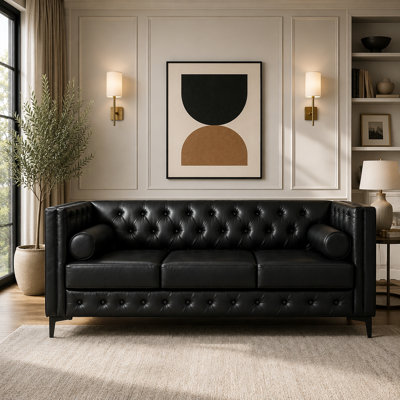 78.5 Inch Faux Leather Sofa Couch for Living Room, Mid Century Modern 3 Seater Sofa with Button Tufted Backrest, Black Metal Legs and 2 Bolster Pillows, Deep Seat Couch for Apartment Office